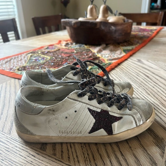Golden Goose White and Black and Maroon Star Sneakers - Picture 1 of 7